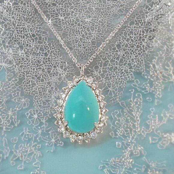 Persian Turquoise Diamond Pendant With Chain 17" 14k WG 9.9 TCW Certified 307918 - Picture 4 of 17